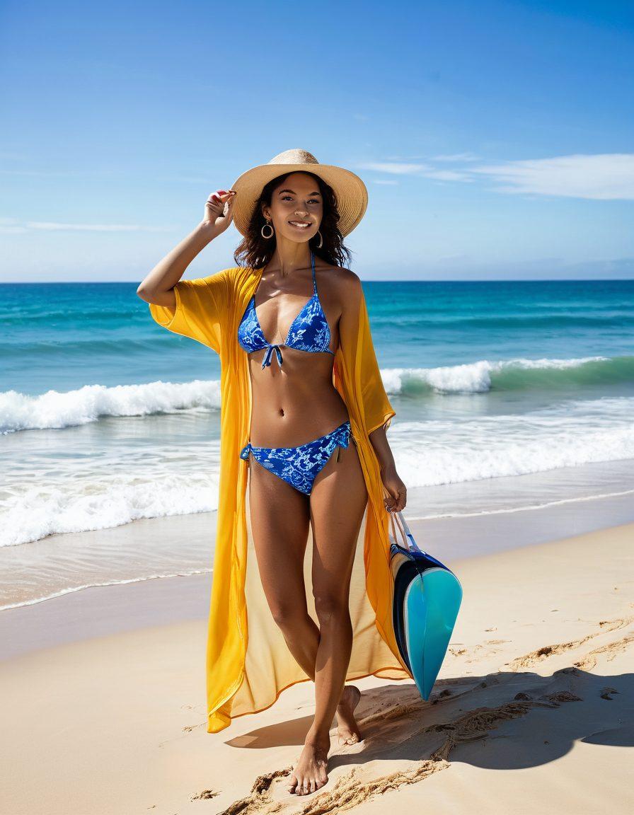 A stylish woman in a colorful beach setting, showcasing the latest beachwear trends like bikinis, cover-ups, and accessories, with vibrant surfboards in the background and sparkling ocean waves. The sun casts a warm glow, enhancing the beach atmosphere. Include beach umbrellas and a bright blue sky. vibrant colors. super-realistic.